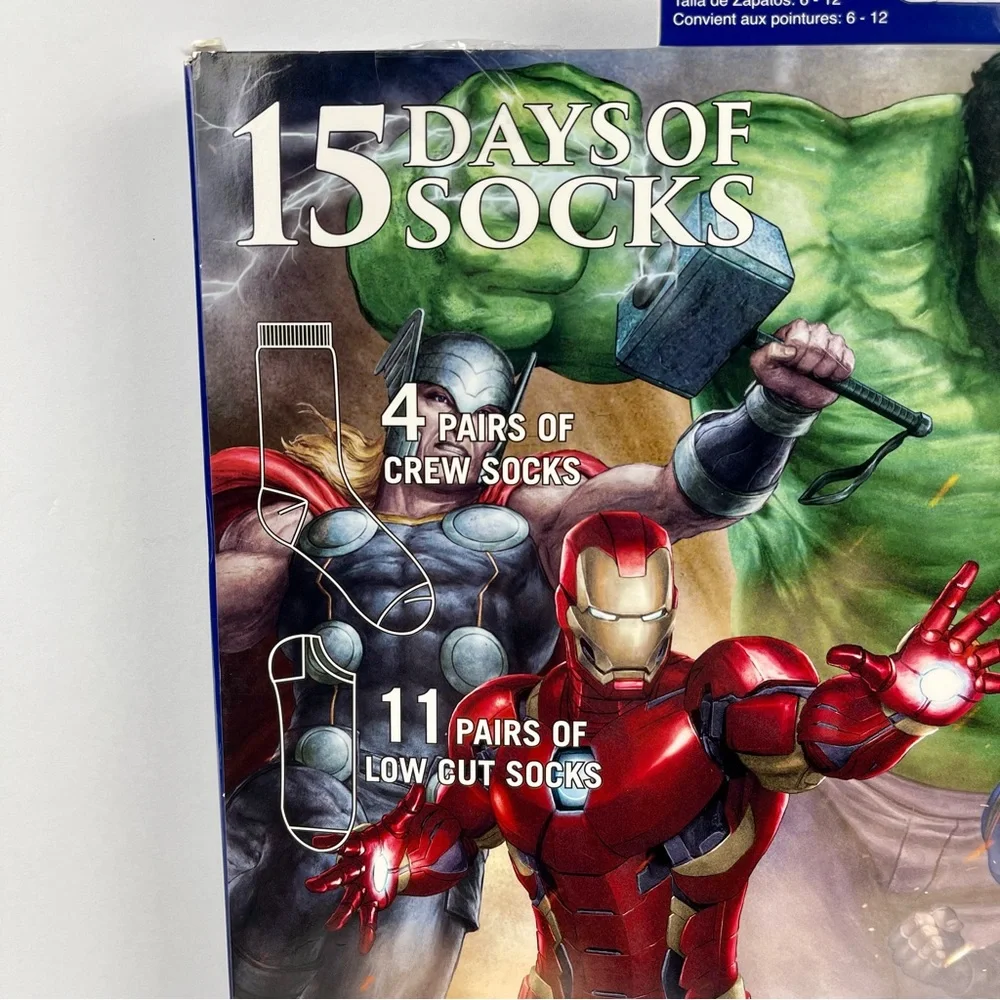 Marvel 15 Days of Socks Advent Calendar 15pk Men’s Shoe Size 6-12 Hulk Iron Man - Picture 8 of 11